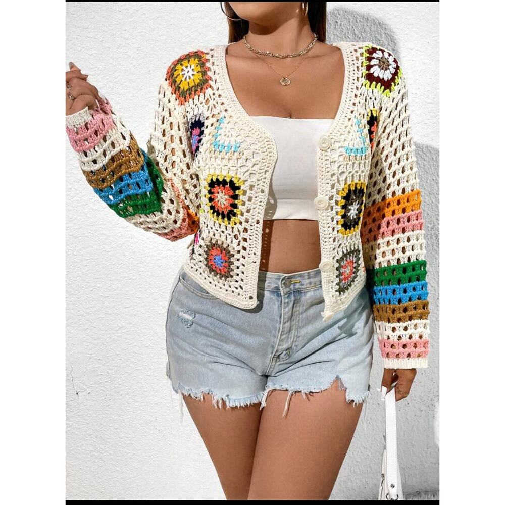 Shein Crochet Cardigan Womens Multicolor S SunnyBelle Button Long Sleeve V Neck